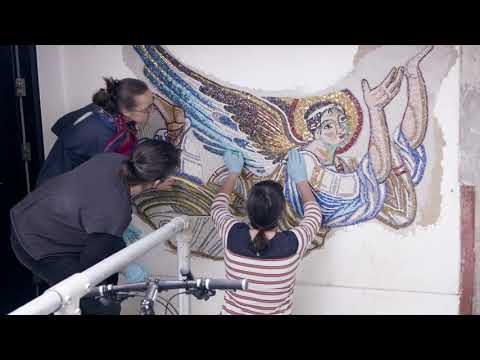 Byzantine Angel Mosaic installation at London School of Mosaic