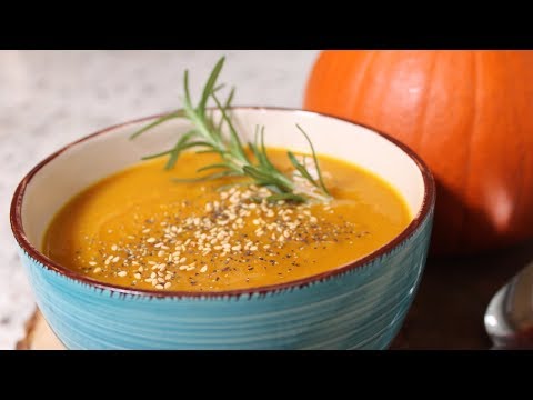 The best, most creamiest pumpkin soup with a couple little Asian additions...miso, sichimi togarashi. 