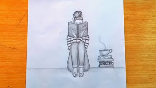 Drawing of A cute Girl studying Moment - step by step || How to draw a girl studying on her table