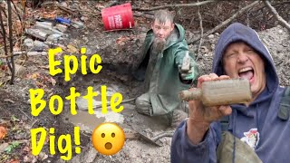 EPIC Bottle Dump Dig in the Rain Treasure Hunting Relic Hunt Mudlarking Metal Detecting Bottles OMG!