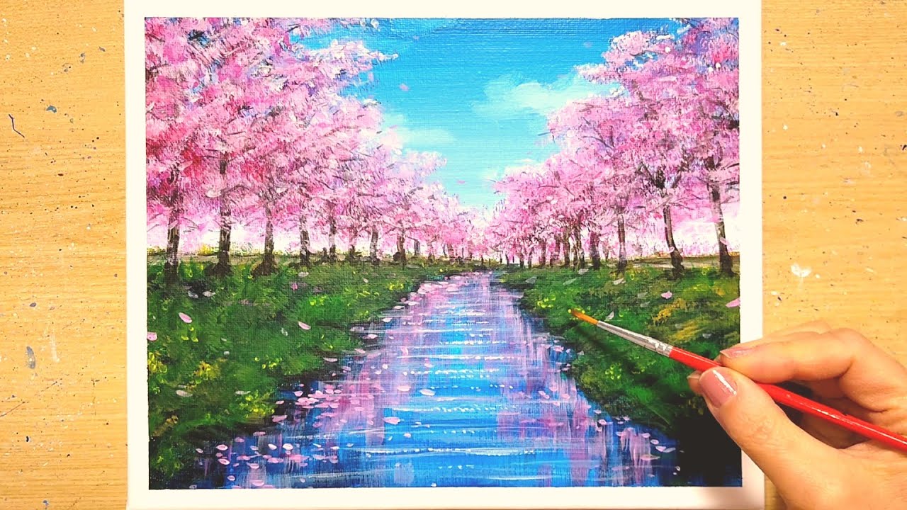 How to draw a row of cherry blossom trees along the river with acrylic  paint / Step by step