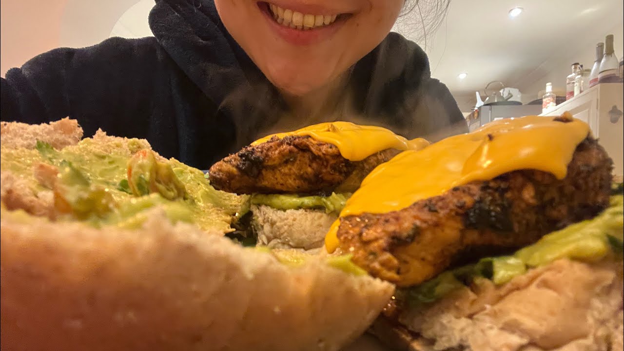 ASMR MUKBANG CHICKEN AND GUAC BURGER