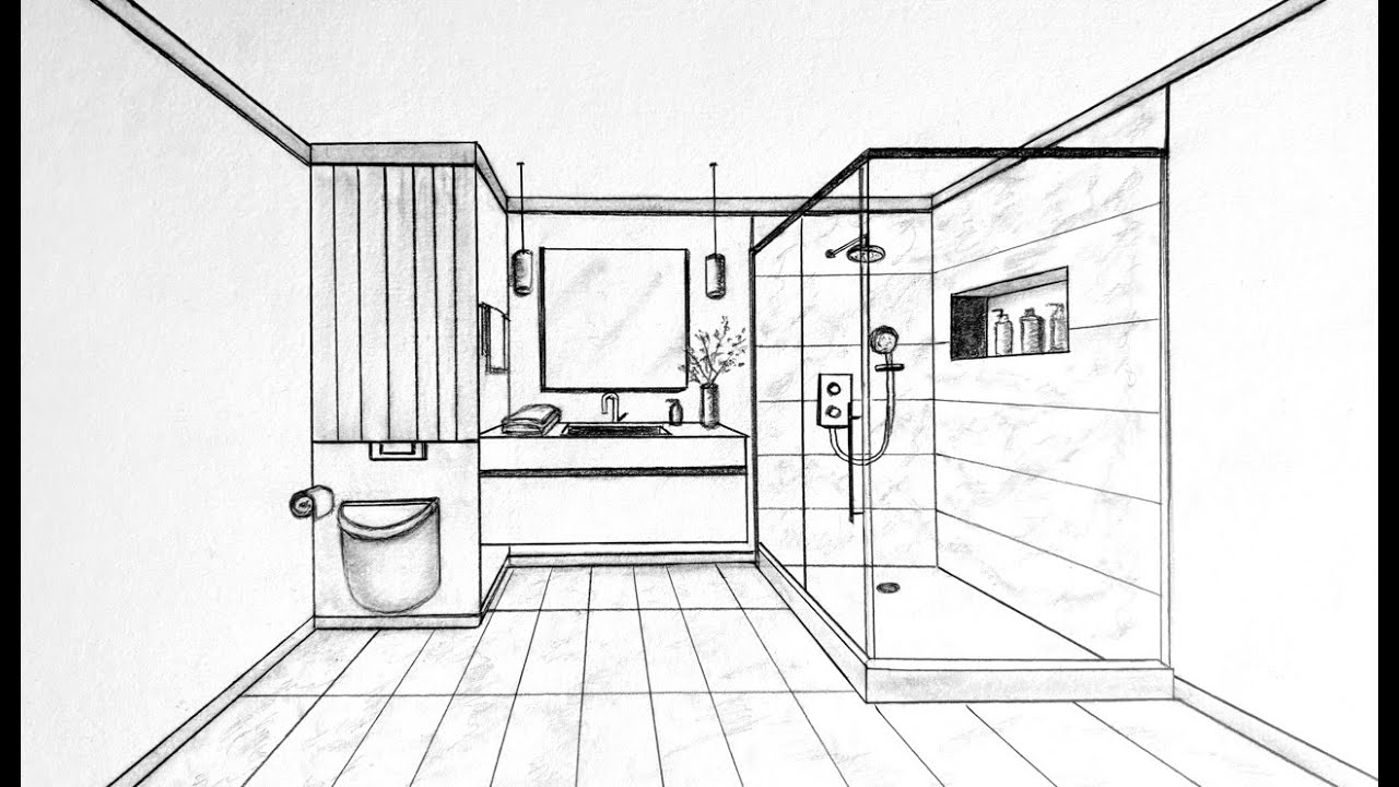 How to draw a bathroom in one point perspective