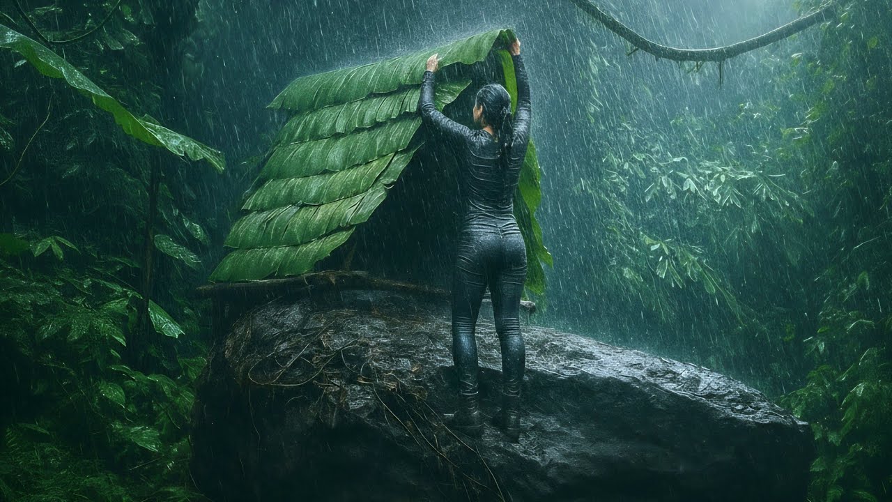 Building a shelter on a large rock in a heavy rain - rain survival