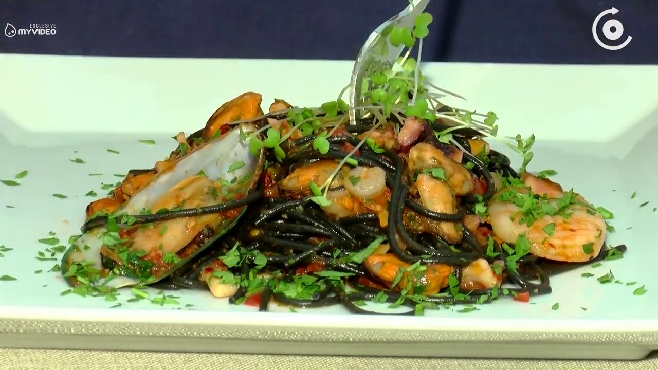 გურმანის ეკალი   კრევეტები, შავი სპაგეტი, ბრაუნი