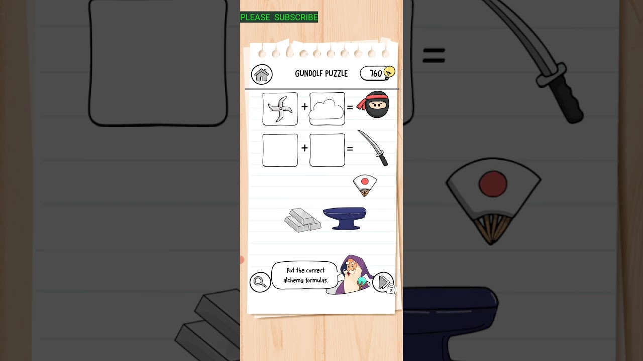 BRAIN TEST 3 GUNDOLF PUZZLE PUT THE CORRECT ALCHEMY FORMULAS NINJA SWORD