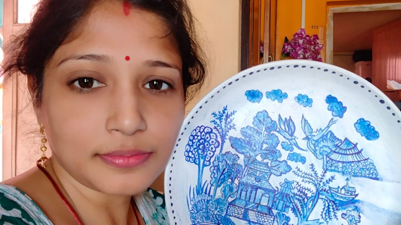 chinese blue pottery art 🎨 diy old plastic plate recycle ♻️ wall decor