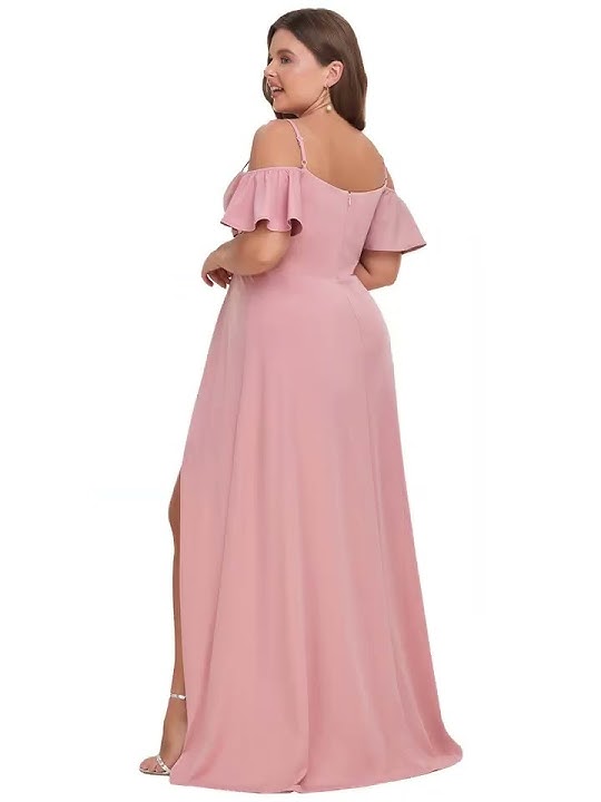 Plus Size Pink Cold Shoulder Formal Bridesmaid Dress with Side Slit
