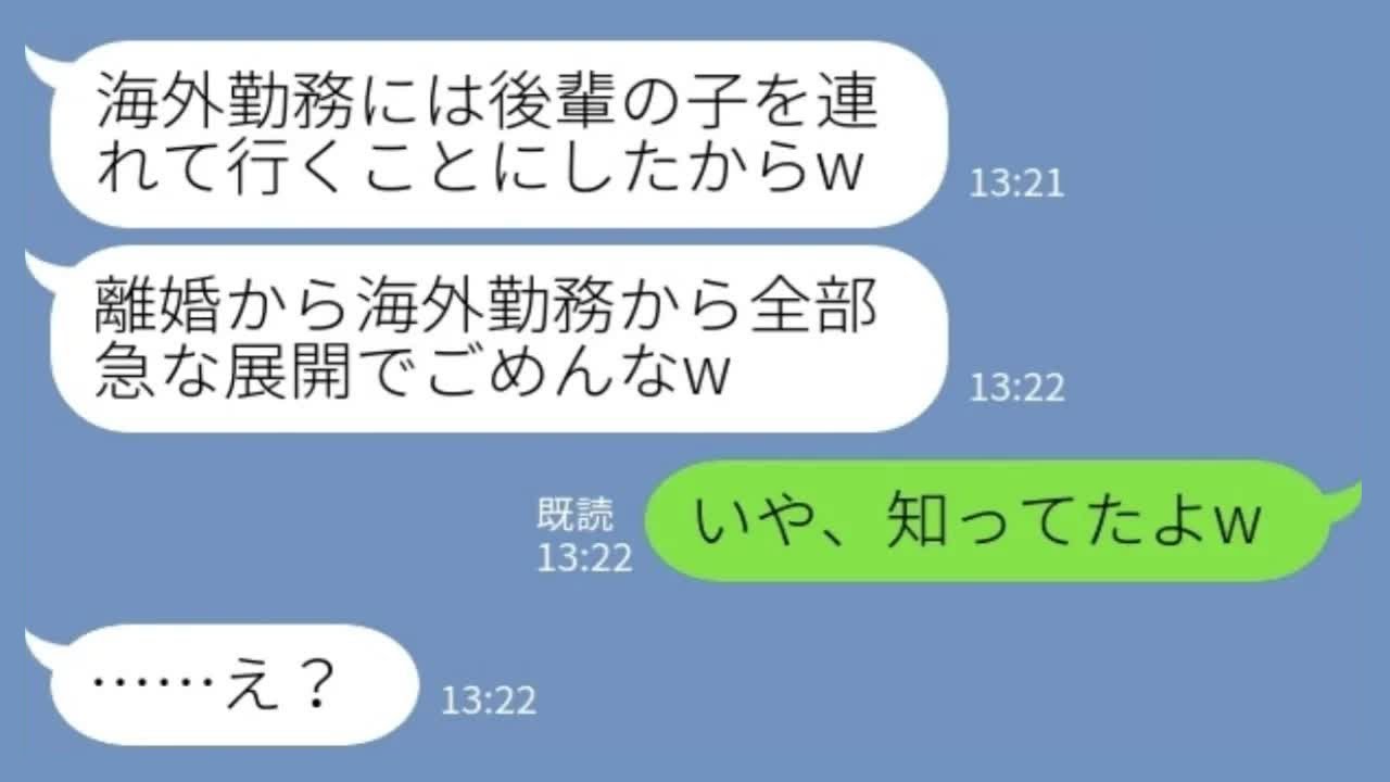 【LINE】海外勤務が決まった途端に妻を捨てる夫「後輩と再婚するw」私「知ってたよ」→会社に呼び出された末路www