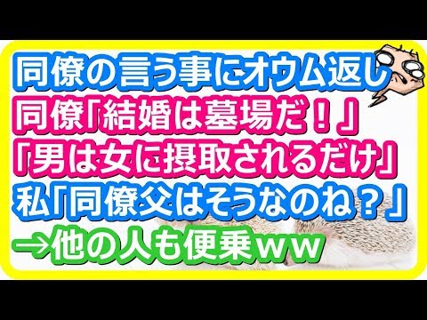 【スカッとする話 会社】相手の言う事にオウム返し→同僚「結婚は墓場」「男は摂取されるだけ」→私「同僚のお父さんATMだったんですね」と言ったら→会社内が便乗した結果ｗ 【スカットマン】