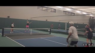 Kim Marie Ross pickleball time.  Crazy 45-shot rally!  Girls against the boys!  Score is 5-5.