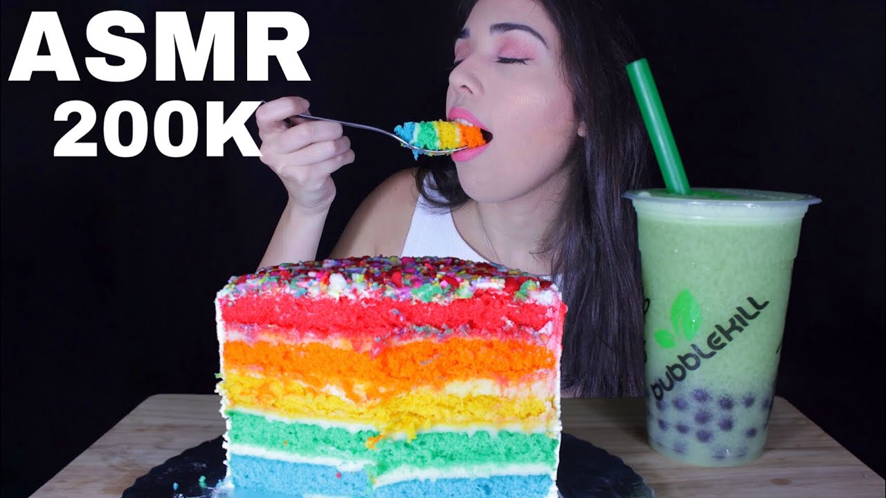 ASMR BOLO ARCO ÍRIS + Bubble Tea 🌈 ESPECIAL 200K Comendo 🎉