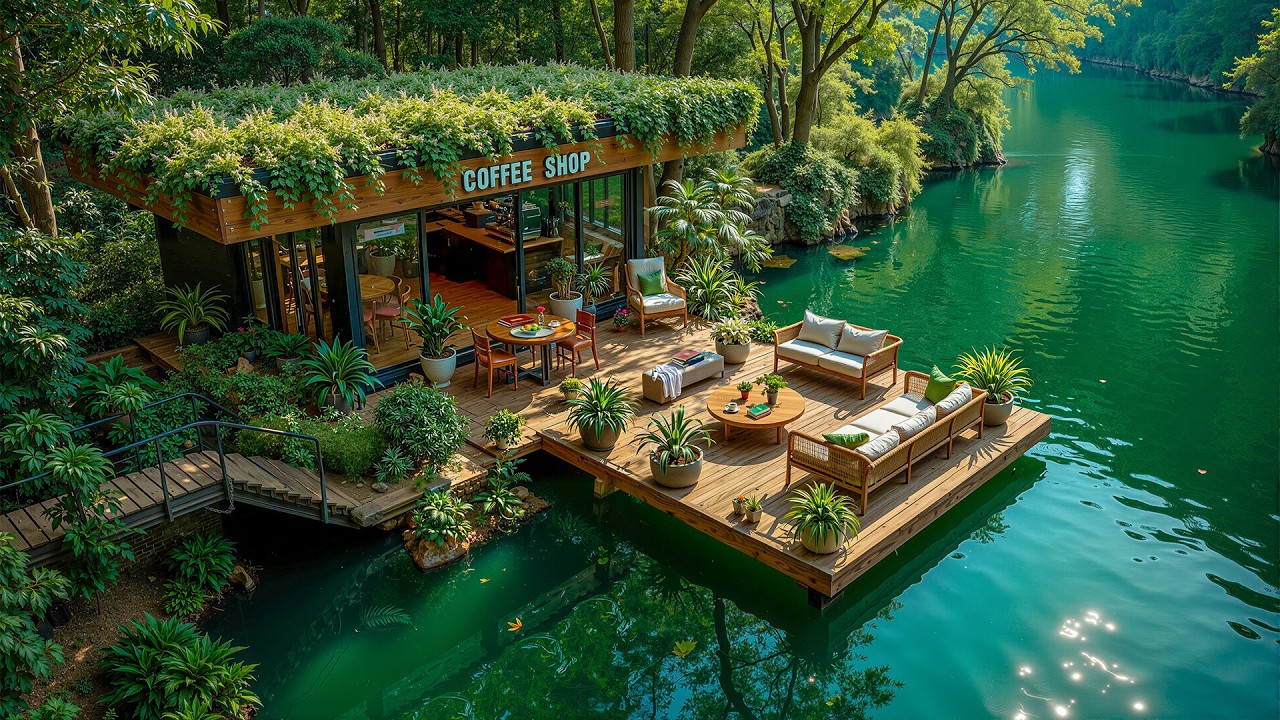 Beautiful Outdoor Coffee Jazz on a Forest Lake Deck 🌿 Smooth Jazz & Nature Ambience for Relaxation