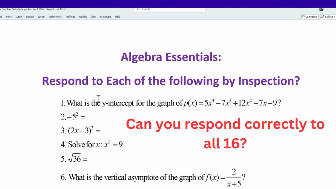 How To Do Inspectiton Math Algebra Essentials: Respond to Each of the Following by Inspection ...