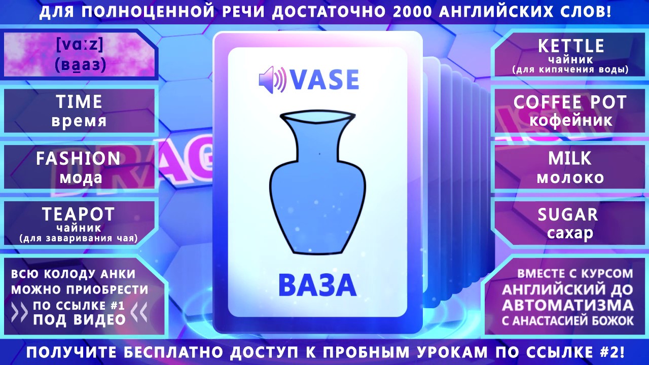 Анки 045 - учить английские слова: ваза, время, мода, чайник, кофейник, молоко, сахар