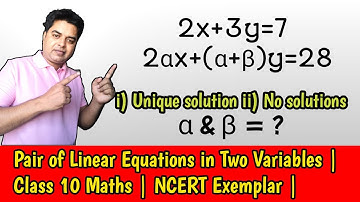 Find the value of α & β | 2x+3y=7 | 2αx+(α+β)y=28 | unique | No solutions | NCERT Exemplar Class 10