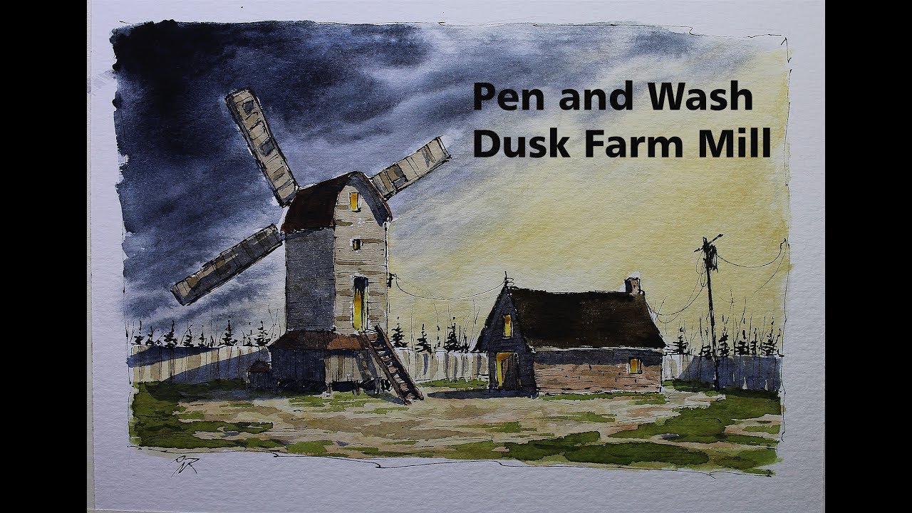 Pen and Wash Dusk Farm Mill,Rural sketch for beginner Nil Rocha - YouTube