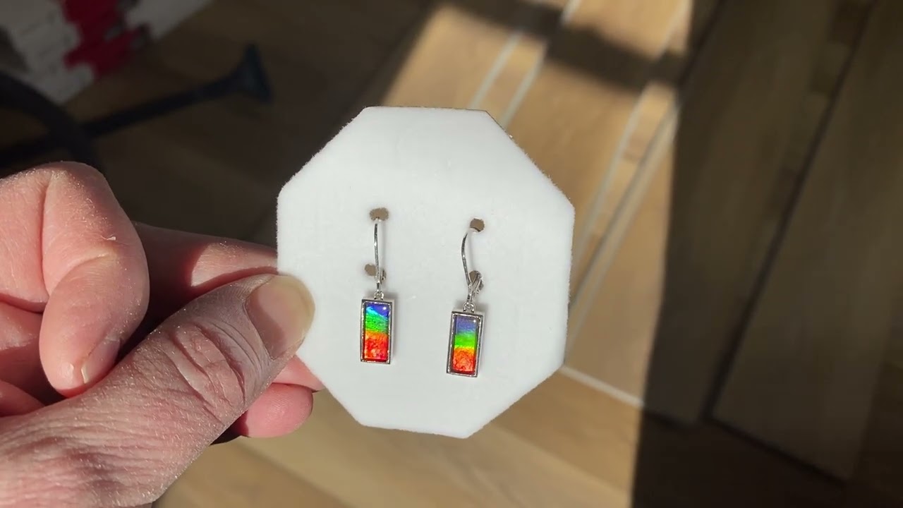 Sterling Silver Rectangle Bar Ammolite Leverback Dangle Earrings