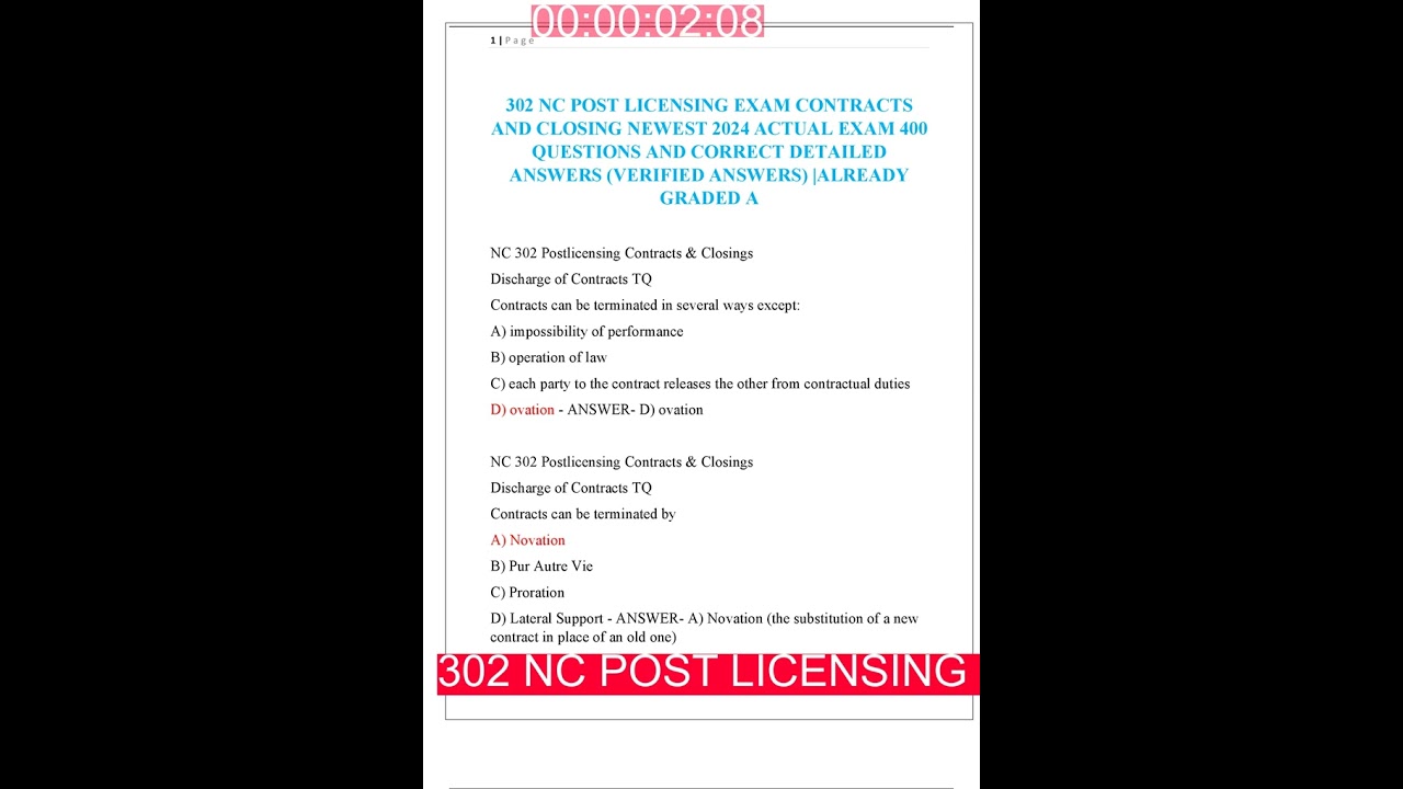 302 NC POST LICENSING EXAM CONTRACTS AND CLOSING NEWEST 2025 ACTUAL EXAM 400 QUESTIONS AND CORRECT D
