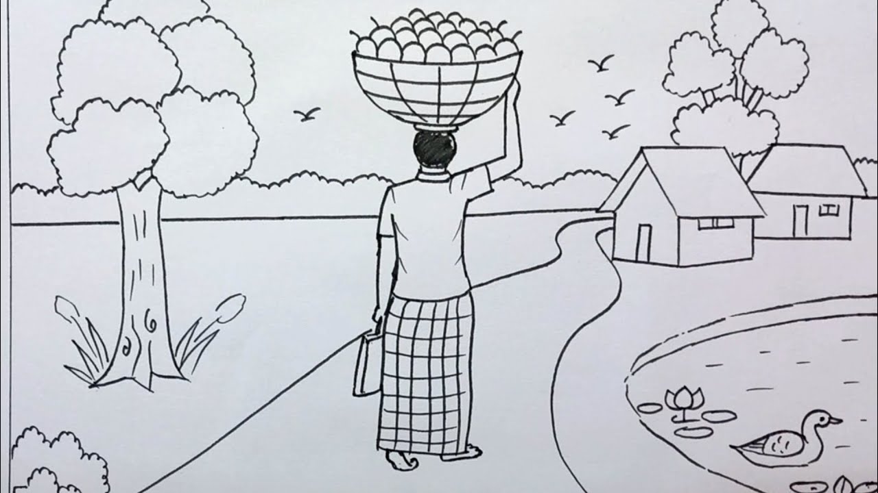 সবজি ওয়ালা দিয়ে একটি সুন্দর গ্ৰামের দৃশ্য অঙ্কন||Village Scenery Drawing for kids||