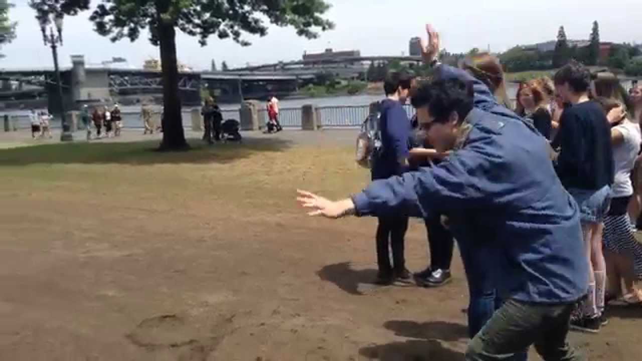 Dad attempts cartwheel at meet up