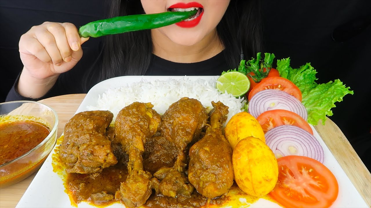ASMR EATING SPICY CHICKEN CURRY AND EGG MASALA WITH RICE(MUKBANG EATING SHOW)