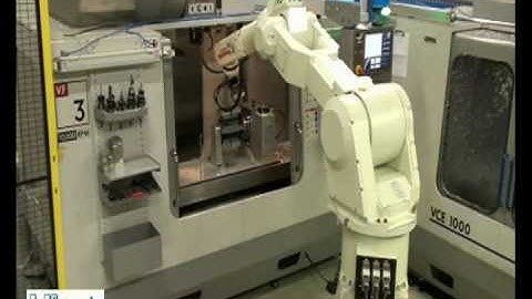 RFA Kawasaki Robotloader with RFA-Vision loading 2 Haas Micron machines