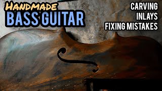 Handmade Bass Guitar Build - Part 3: Fretboard Inlays, Carving The F-Hole and Pickup Cavity