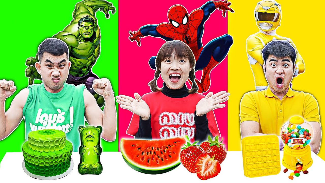 xme 2022 New Hà Sam Thử Thách Ăn Theo Màu Sắc Của Người Nhện Spider Man, Người Khổng Lồ Xanh Hulk, Siêu Nhân Vàng