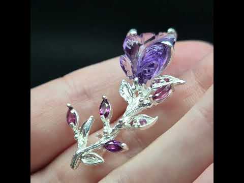 Срібна брошка з природним різним аметистом і гранатами гілочка бутон'єра квіти, видео 1