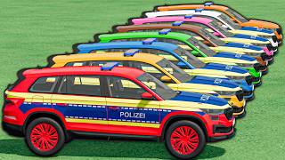 ALL COLORFUL SKODA POLICE CARS! Giant Flatbed Transport & Mega Ramp screenshot 5