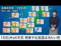 15日(木)の天気 関東や北海道は冷たい雨で、道北などは雪の可能性も