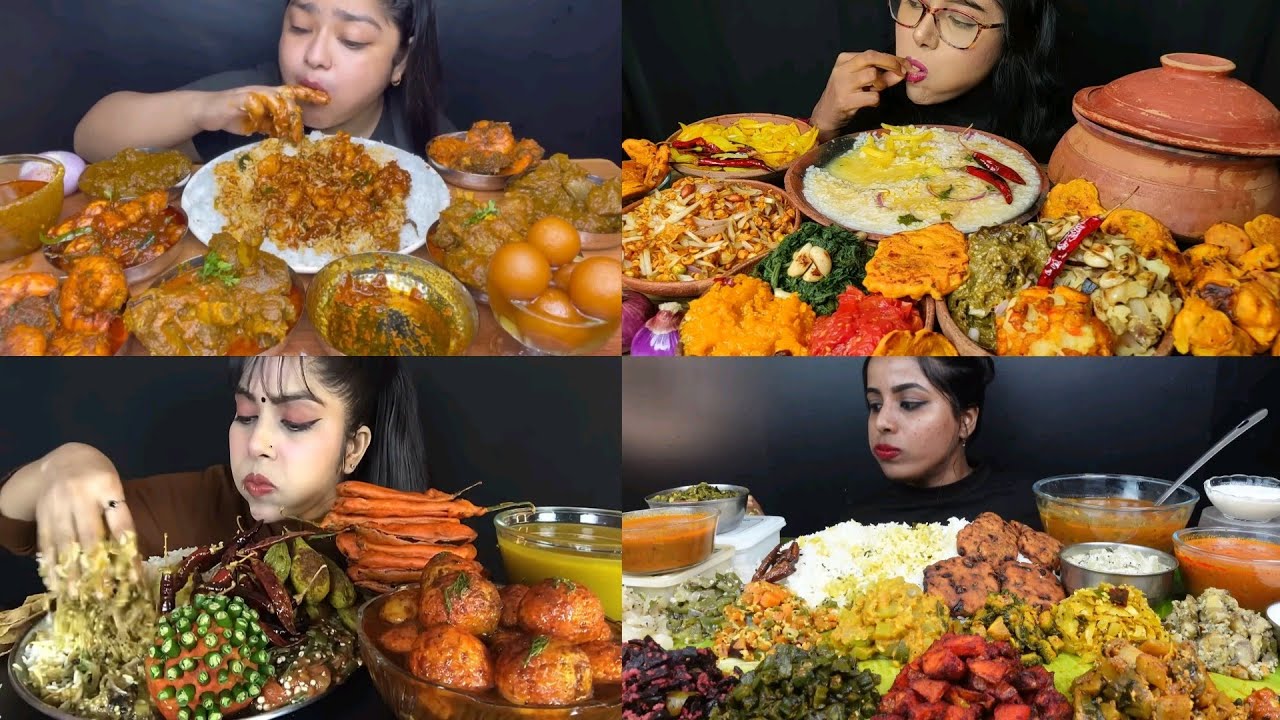 EATING SOUTH INDIAN THALI SPICY MUTTON CURRY DIFFERENT TYPES OF BHARTA SAMBAR RICE EATING SHOW 