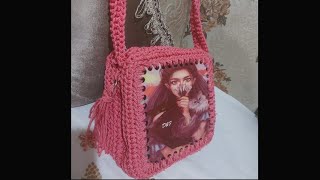كروشيه شنطة مربعة بخيط مكرمية والوش الخشب how to crochet wooden square bag
