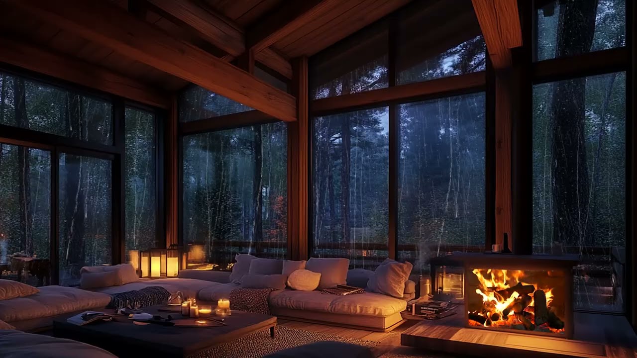 Nächtliches Berggewitter | Regengeräusche am Fenster und Kaminwärme