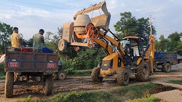 JCB Backhoe Machine Loading Soil in Tractor - JCB Machine Unloading Concrete Mixer From Tractor