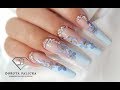 Episode #9 coffin shape gel nails, ballerina nail shape with blue gel encapsulated flowers. Nail art