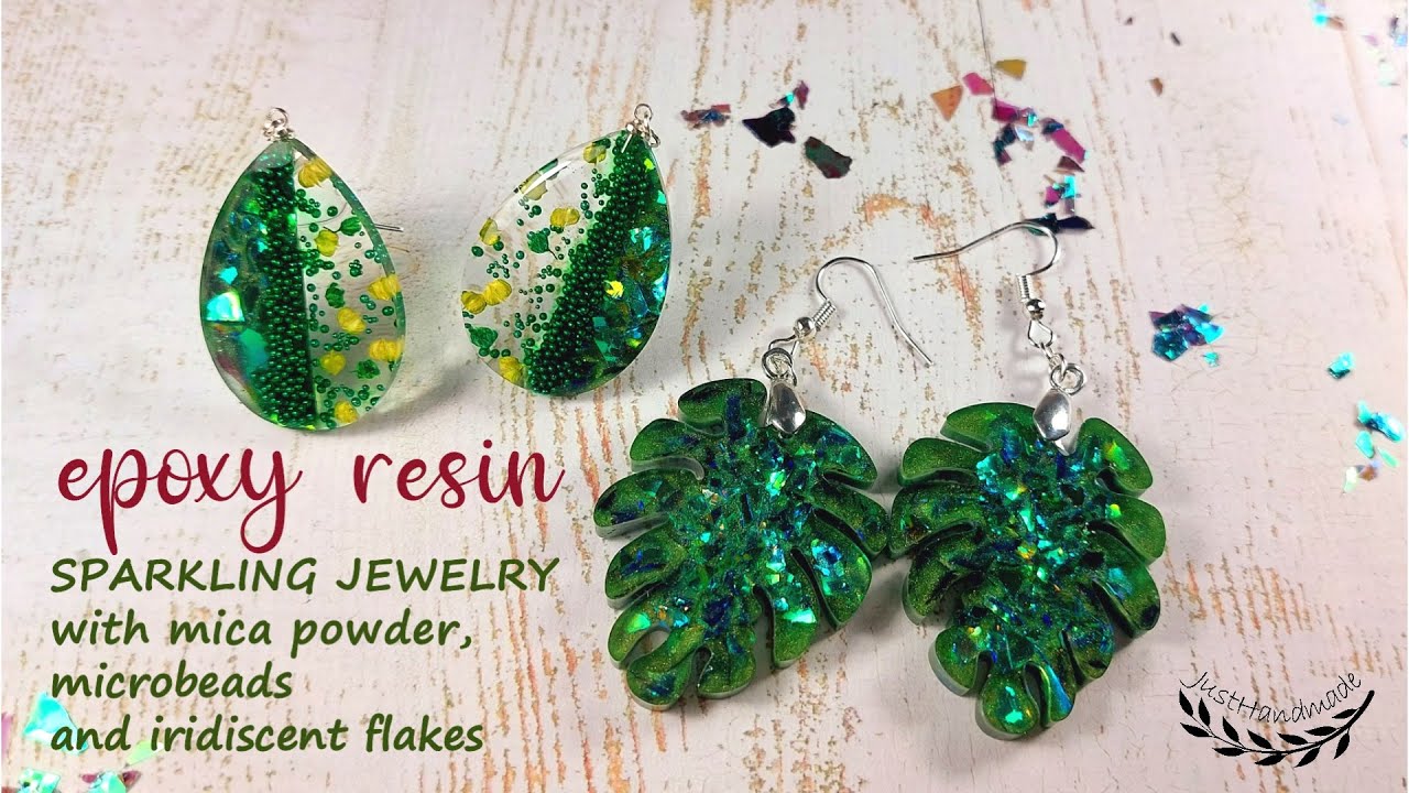 JustHandmade ~ Sparkling epoxy resin jewelry - tutorial / mica powder,  iridiscent flakes, microbeads 