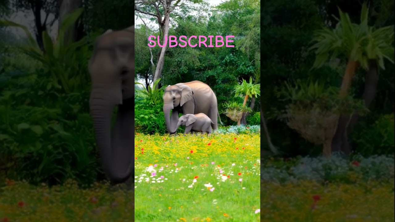 Mom elephant walking in the Beautiful  garden .