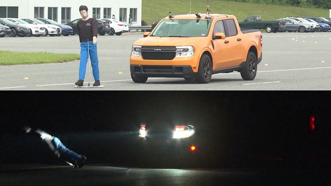 Pedestrian Autobrake Test at NIGHT (2022) | Camry, Maverick, Mach-E, Frontier, Outback & Malibu
