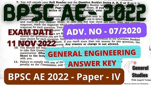 BPSC AE - 2022 | GENERAL ENGG - PAPER - 4 | ADV No 07/2020 | ANSWER KEY | EXAM DATE : 11 NOV 2022