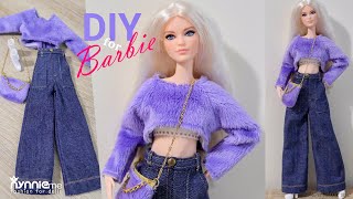 DIY Barbie Clothes : Wide Leg High Waist Jeans & Fluffy Crop Top | nynnie me