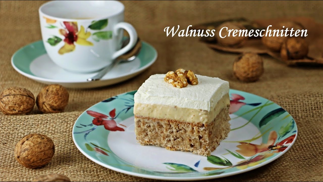 Walnuss-Cremeschnitten - Walnusskuchen mit Puddingcreme - Walnut cake ...