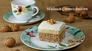 Walnuss-Cremeschnitten - Walnusskuchen mit Puddingcreme - Walnut cake