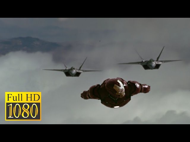 Tony Stark vs Two F-22 Raptor Fighters in the movie IRON MAN (2008) class=