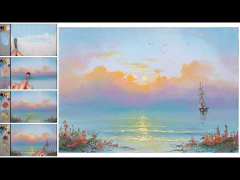 Sea Landscape STEP by STEP Oil Painting on Canvas Tutorial / Color Palette ART | Kunst Malerei Meer