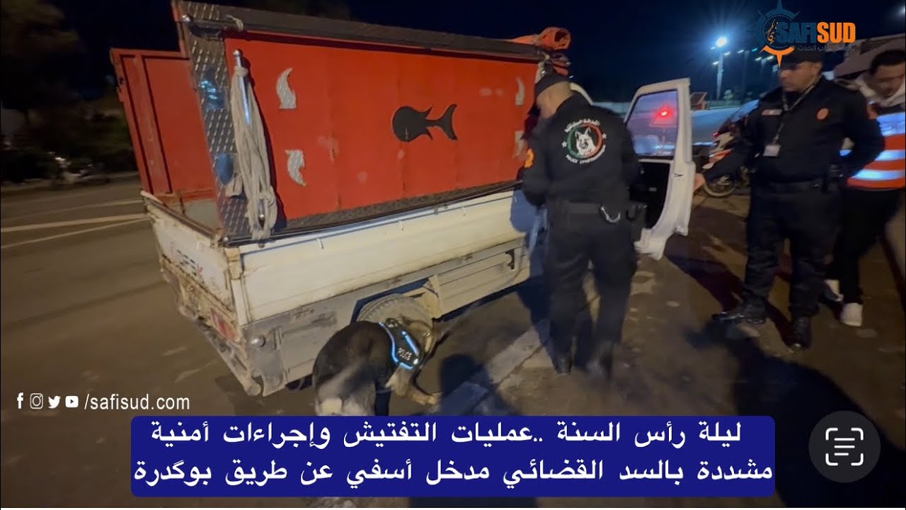 عمليات التفتيش بالكلاب المدربةوإجراءات مشددة بالسد القضائي طريق بوگدرة بأسفي ليلة رأس السنة الجديدة 