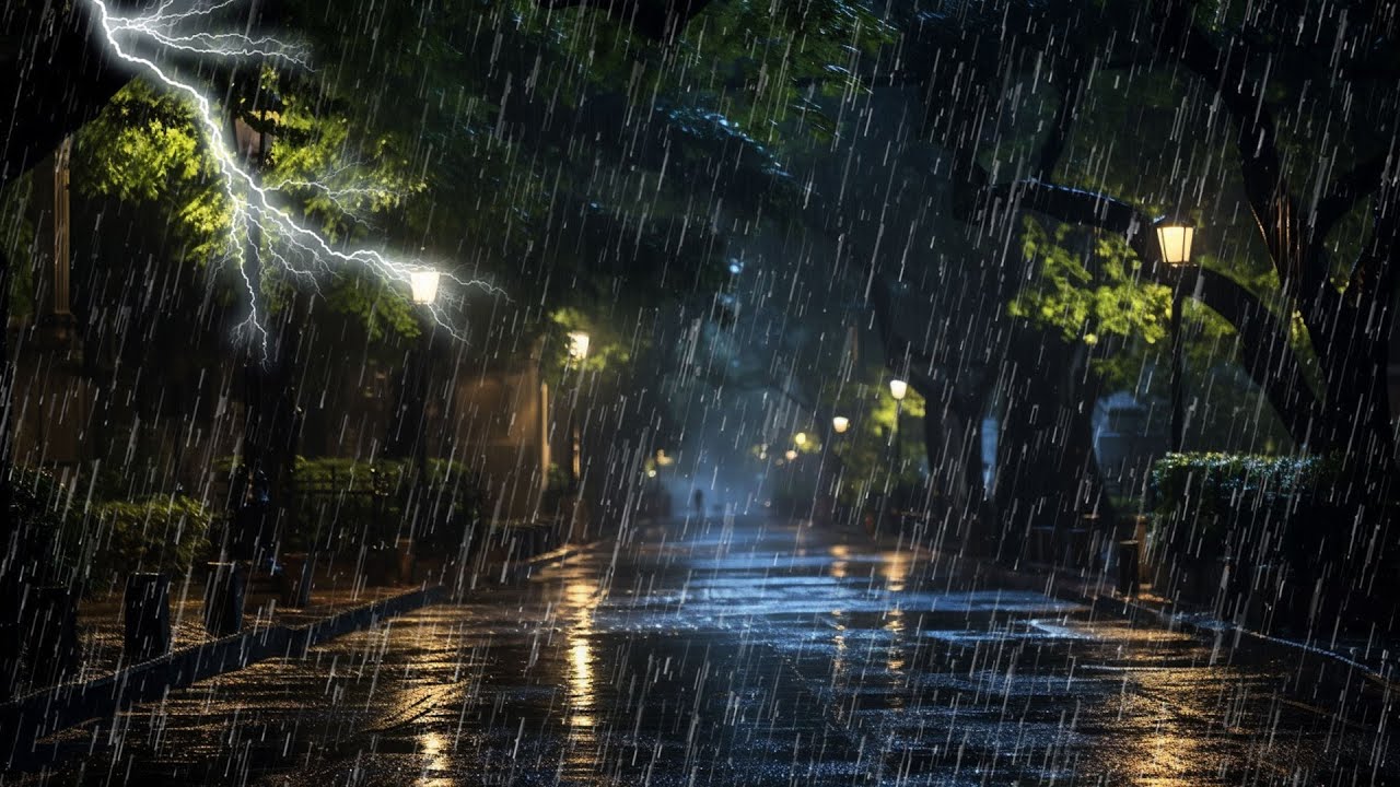 Vence el insomnio con sonido de lluvia,truenos en parque por la noche ...