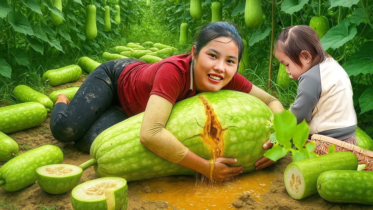 Harvest giant gourds to sell - Cook yummy gourds with my little daughter