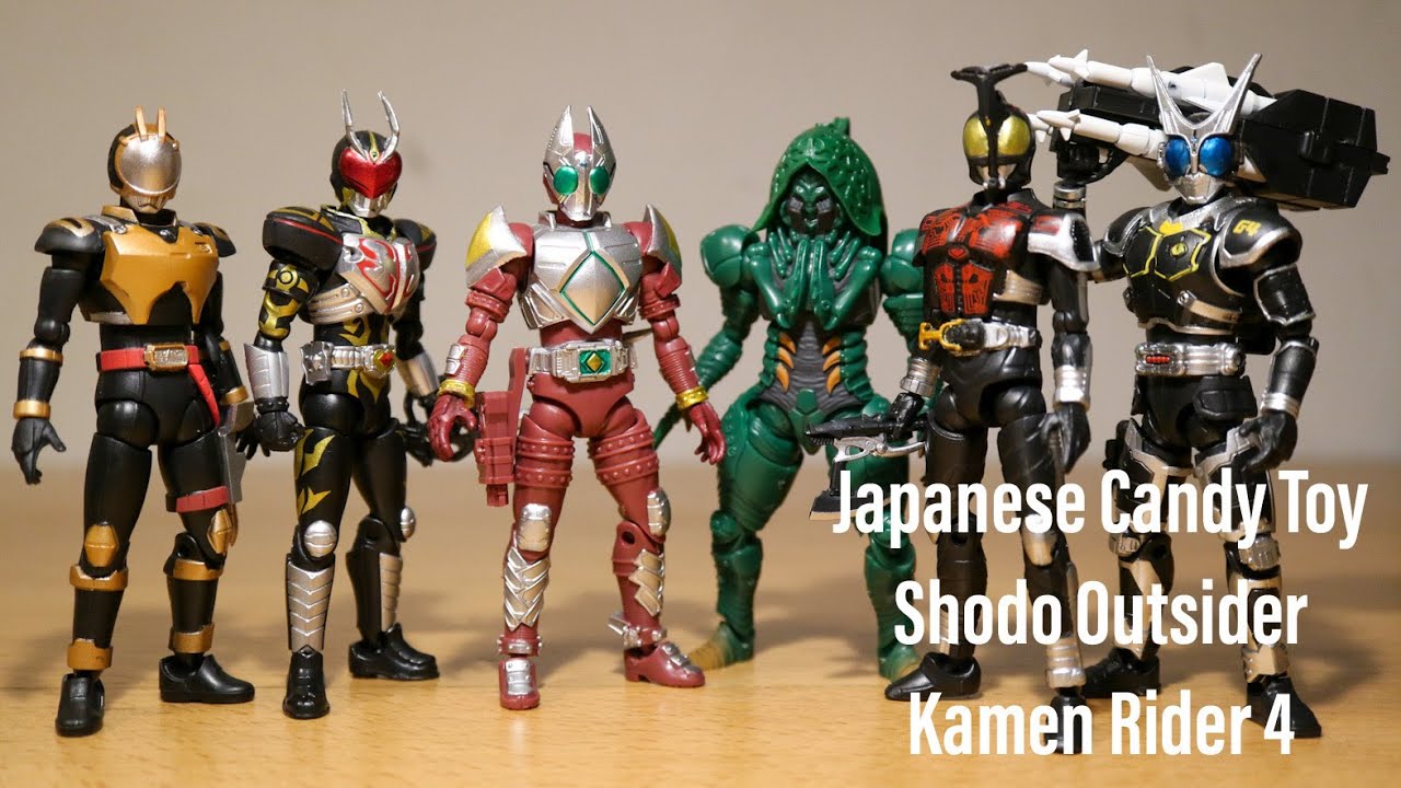SHODO-O OUTSIDER 仮面ライダーカブトシリーズ　4体セット SHODO Outsider Kamen Rider 4 by Bandai - YouTube